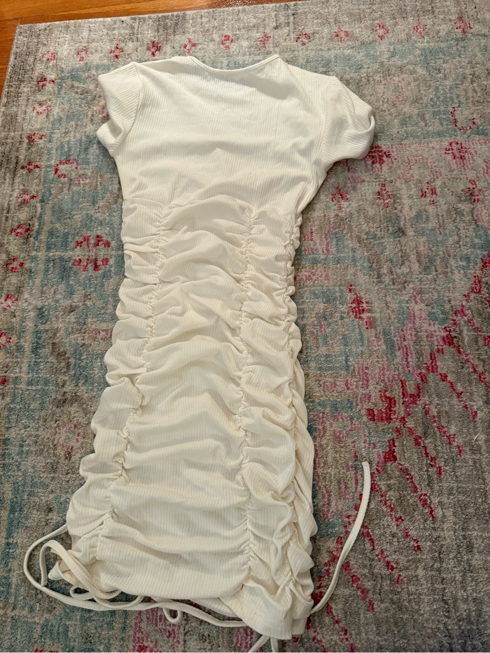 NIA White Ribbed Drawstring Ruched Bodycon Mini Dress - Picture 5 of 10